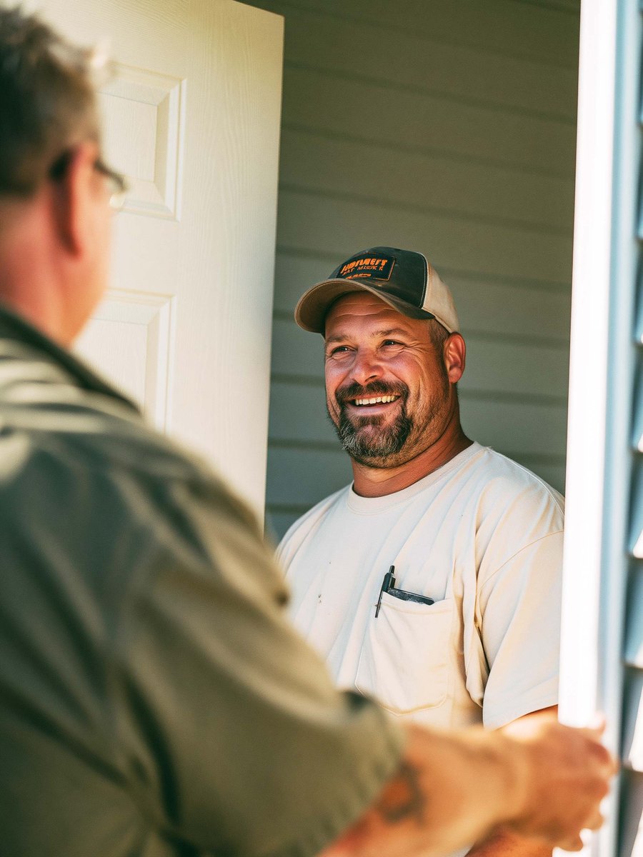 Smiling contractor in a cap and pale work shirt standing at a front door, greeting a homeowner who is opening it