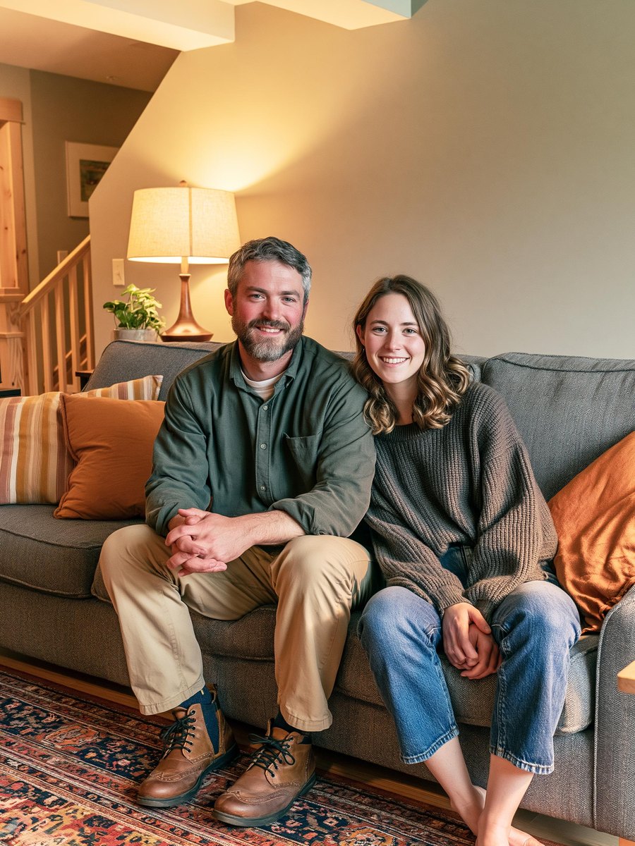 Couple sitting together on the sofa in their finished basement family room