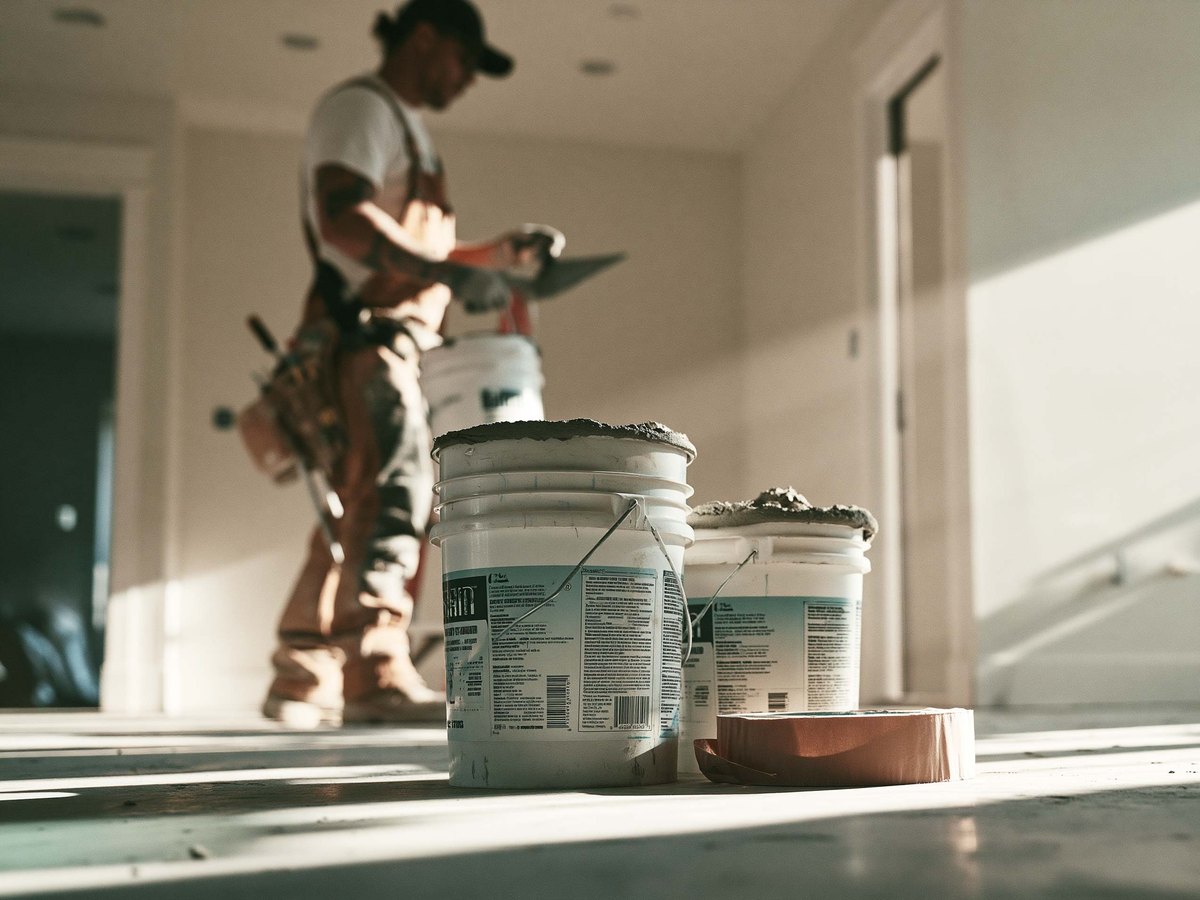 Buckets of joint compound on the floor of a room being finished, a taper working behind