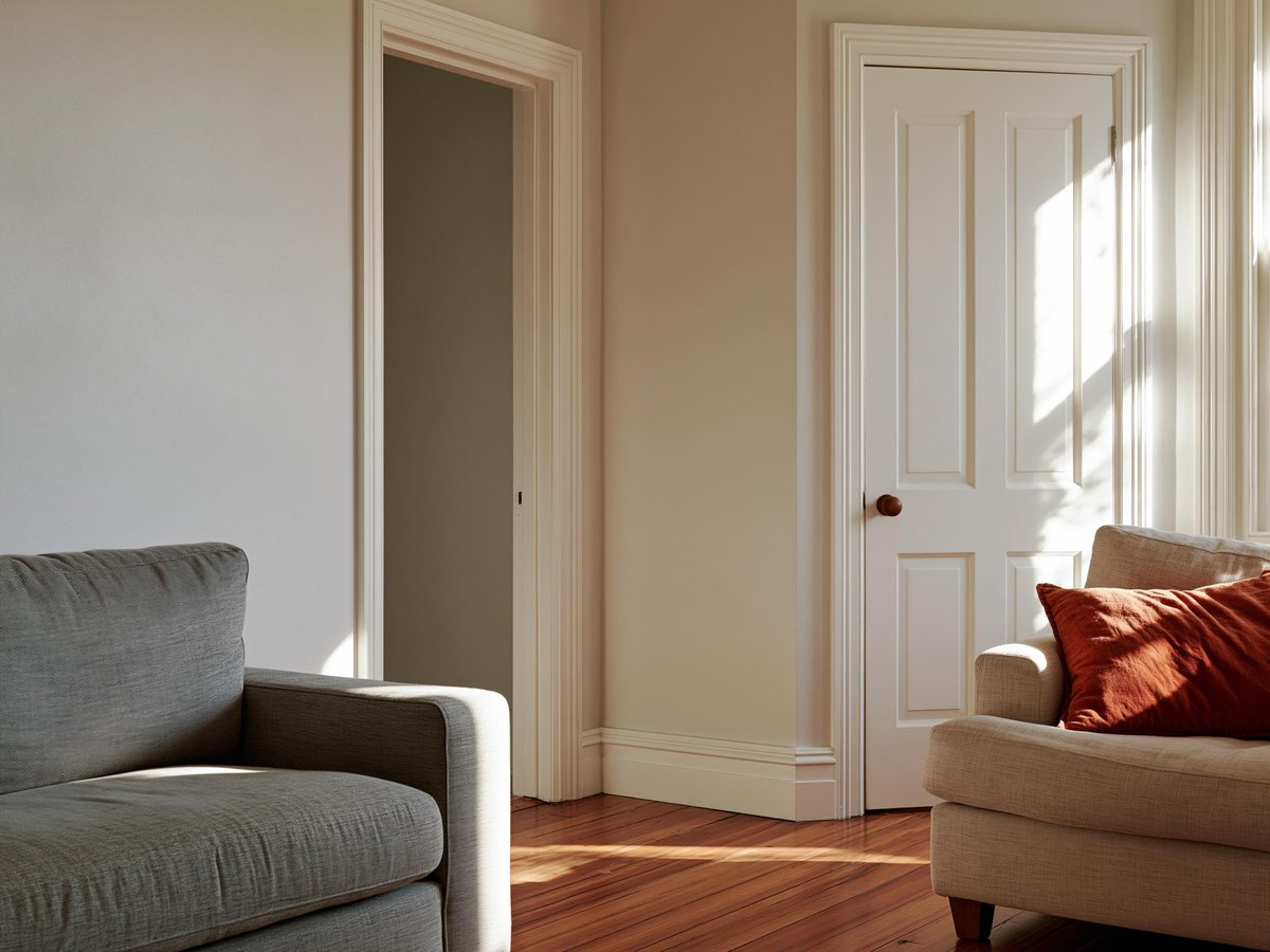 Smooth painted wall meeting a door casing, seen close
