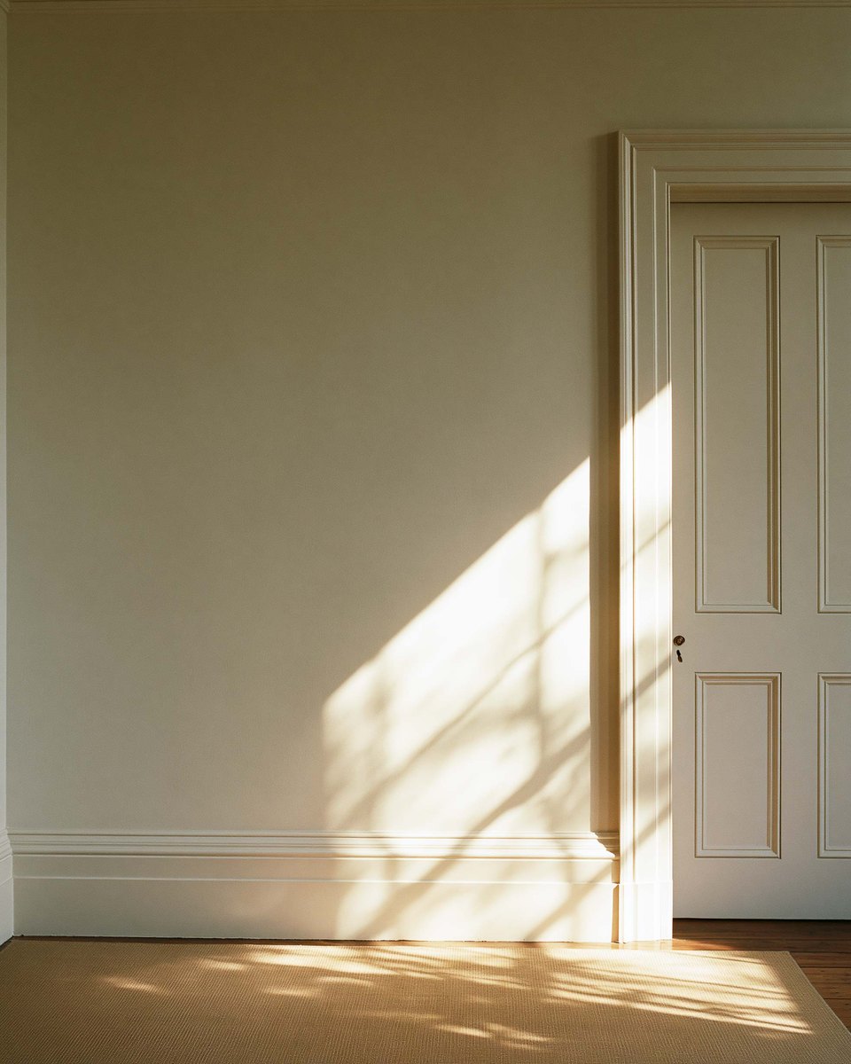Painted wall meeting a panel door casing, low sun crossing the surface