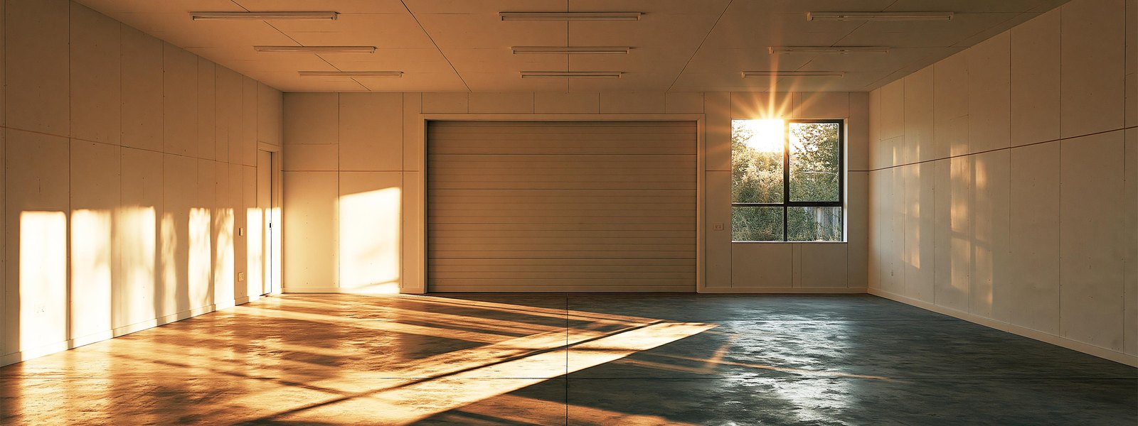 Finished two-car garage with boarded painted walls in a Colorado Springs home