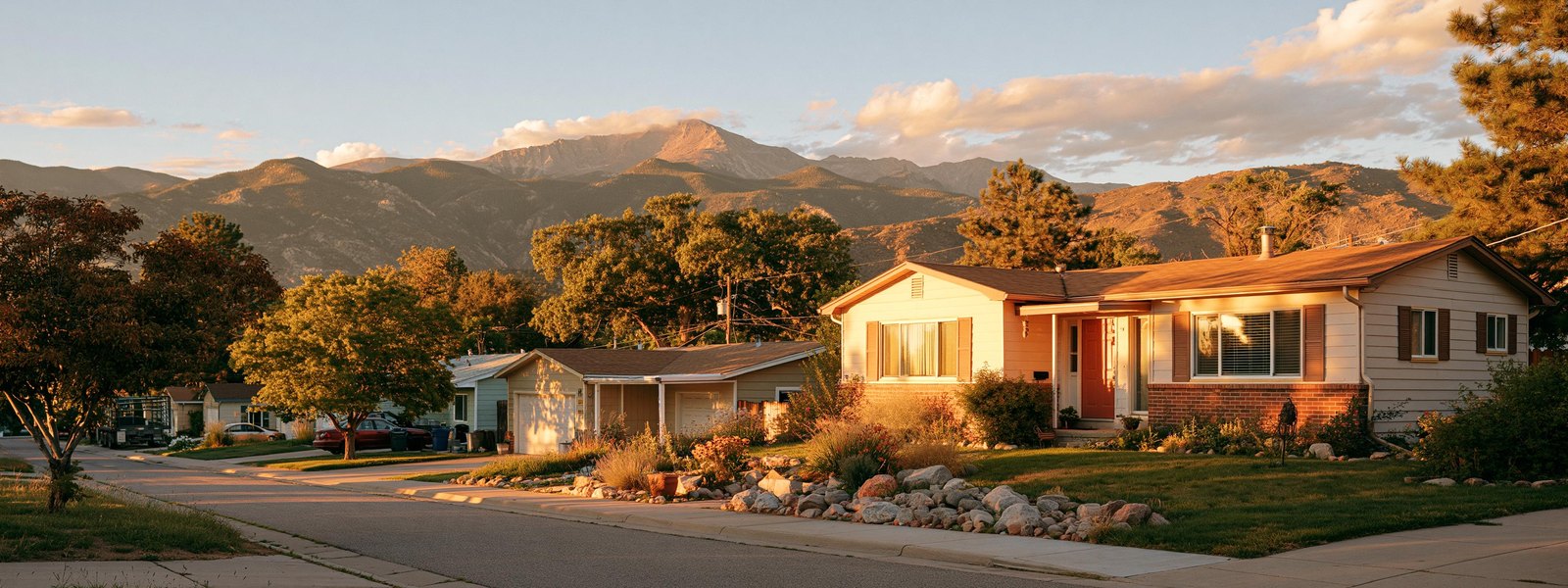 Residential street in Colorado Springs with the mountain front behind