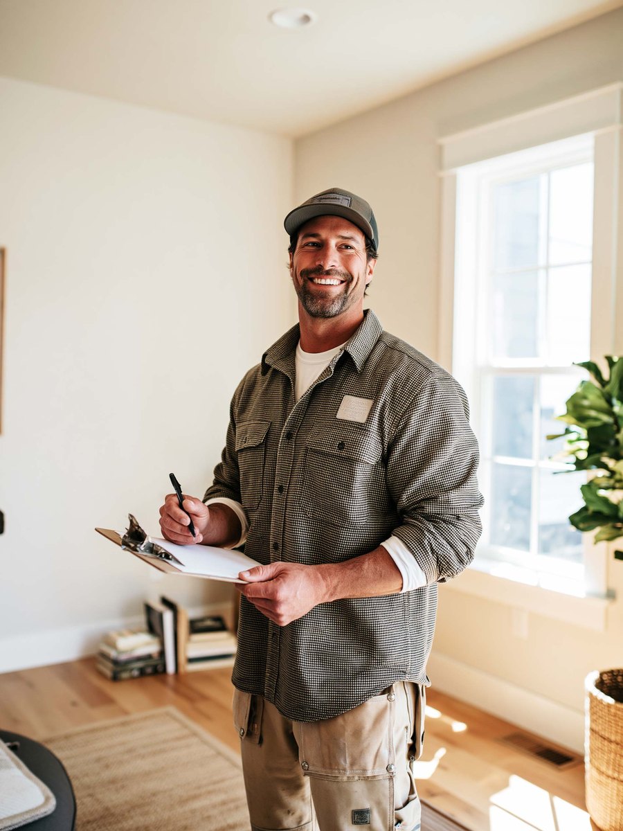 Drywall contractor in a cap and work shirt with a clipboard, standing in a bright finished room with smooth walls and a tall window